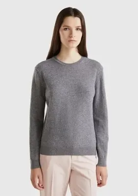 United Colors of Benetton Kadın Antrasit Melanj Bisiklet Yaka %100 Merino Kazak