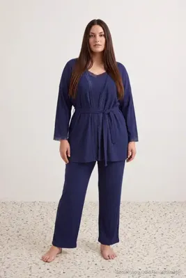 Trendyol Curve Lacivert 3lü Takım %100 Pamuk Büyük Beden Örme Pijama Takımı TBBAW27AI00046