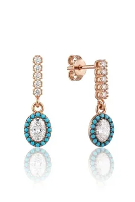 Söğütlü Silver 925 Ayar Gümüş Küpe Rose Turkuaz Taş Çerçeveli Oval Sallantılı Küpe SGTL13585ROSE