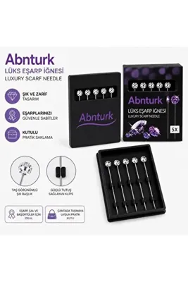 Abnturk 5 Adet Lüks Şık 38mm Beyaz Taşlı Eşarp İğnesi-Şal ve Başörtü Sabitleme Kutulu İğne Seti