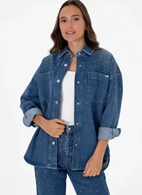 U.S. Polo Assn. Mavi Kadın Oversize Taşlı Denim Gömlek AMY25K-M