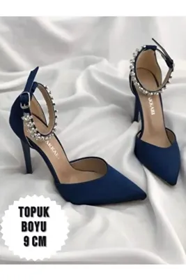 İA İLERİADIM Lacivert Saten Şık Topuklu Taşlı Stiletto Abiye Ayakkabı Topuk Boyu 9 Cm (TAŞLARI ÇIKARILABİLİR)