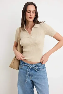 TRENDYOLMİLLA Taş More Sustainable Basic Polo Yaka Triko İnce Bluz TWOSS26BZ00505