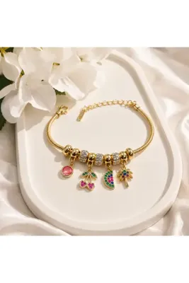 Genel Markalar Gold Renk Kiraz Karpuz Palmiye Charm Kadın Bileklik – Renkli Taşlı Yaz Modeli