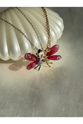 Harlofia Jewelry Çelik Kırmızı Kanatlı Peri Kızı Arkadaşlık Çift Kolye Seti