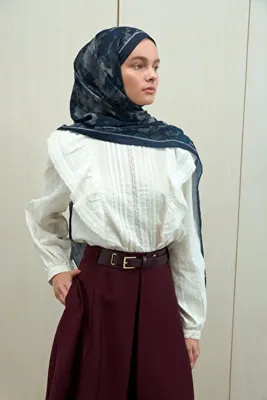 cs camellia scarf Pretty Kraş Şal - Lacivert-Gri