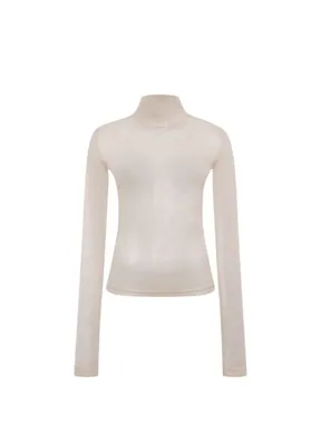 Rivus Ekru Simli Boğazlı Uzun Kollu Kadın Tül Bluz