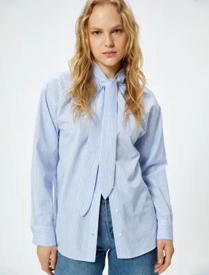Koton Oversize Poplin Gömlek Fular Yaka Düğmeli Uzun Kollu
