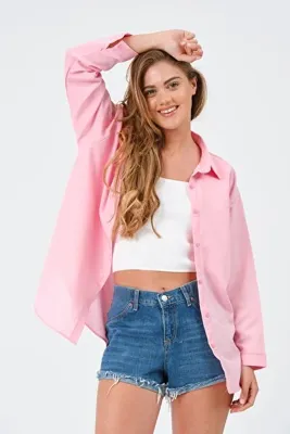 modazoom Kadın Pembe Oversize Uzun Basic Gömlek
