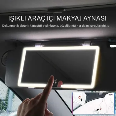 monozone Şarjlı Led Araç Makyaj Aynası 3 Kademeli Işık Dokunmatik Hd Güneşlik Aynası Kadın Araç İçi Beyaz