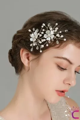 Cinderella 2'li Zarif İncili Sedef Çiçekli Gelin Tacı Firkete Toka Gold - Düğün Nişan Nikah Söz Saç Aksesuarı