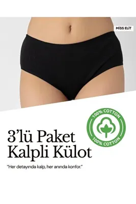 Miss Elit 3'lü Paket Siyah %100 Pamuk Yüksek Bel Kalpli Külot