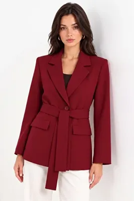 Saade Bordo Kadın Tek Düğmeli Dokuma Kruvaze Blazer Ceket - Kuşaklı
