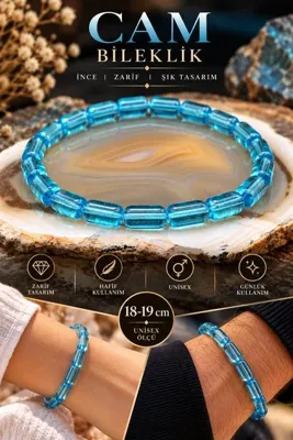 NBS Beautiful Naturel Stones Mavi Cam Boncuk Bileklik 18-19 cm Unisex İnce Zarif Şık Tasarım Kadın Erkek Bilekliği