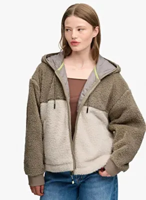 Superdry W2012732A Haki Ekru Kadın Kapüşonlu Yumuşak Dokulu Bol Kesim Ceket