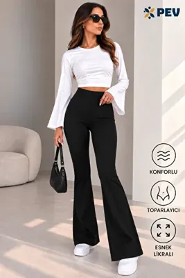 CNRCollection Kadın Siyah Esnek Likralı Yüksek Bel Iç Göstermez Krep Kumaş Toparlayıcı Ispanyol Paça Tayt Pantolon