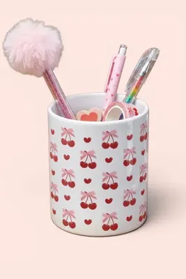 Cool Stuff Studio Cherry Heart Kiraz Desenli Dekoratif Kalemlik & Makyaj Fırçalık Organizer