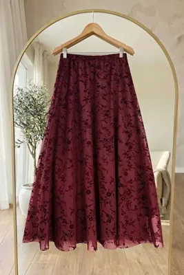 InStyle Çiçekli Flok Tül Astarlı Acı Kahve Etek