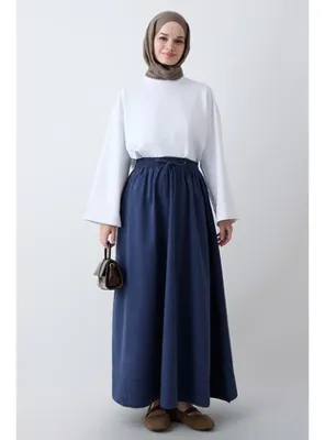 InStyle Modal Nervürlü Cepli İndigo Etek