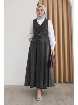 InStyle Yelekli Etekli Koyu Gri Üçlü Kot Takım