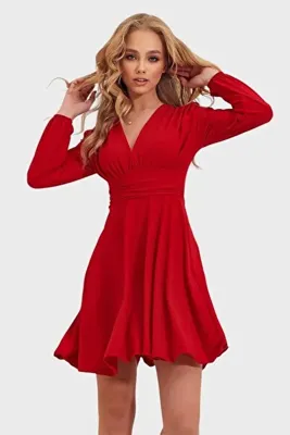 Trend Alaçatı Stili Kırmızı Derin V Yaka Kloş Sandy Yılbaşı Özel Elbise Alc-X9420
