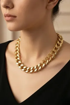 Pemila Design Kalın Gold Renk Zincir Kolye – Kararmaz, Anti Alerjik Statement Tasarım (40+5 cm)
