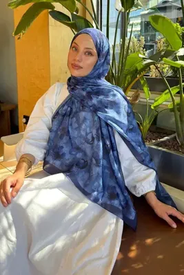 lamelif Çiçek Desen Lara Soft Şal Gece Mavisi