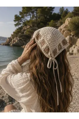 agapi Kadın Örgü Bandana – Bohem Vintage Tarz Bağlamalı Yazlık Saç Bandanası Krem Kahve