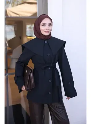 İmaj Butik Siyah Bebe Yaka Astarlı Kısa Trençkot