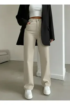 KENE JEANS YÜKSEK BEL TAŞ KETEN BOL PAÇA TAM KALIP PANTOLON