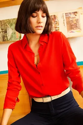 Olalook Kadın Kırmızı Dokuma Viskon Regular Fit Gömlek GML-19000697
