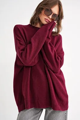 Mixray 6913 Kadın Salaş Yumuşak Dokulu Oversize Triko Kazak Bordo