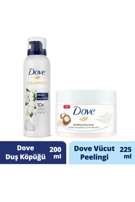DOVE Vücut Peelingi Macademia Fındığı ve Pirinç Sütü 225ml + Duş Köpüğü Depply Nourishing 200ml