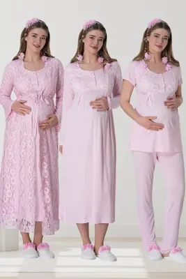 Mecit Dantel Sabahlıklı Gecelik Pijama Lohusa Set