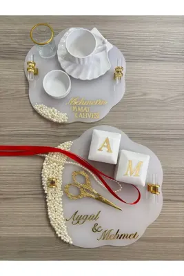 Genel Markalar Afrodit Nişan Lüks İncili Kristal Taşlı Nişan Tepsi Seti - Kişiye Özel Buzlu Mat Şeffaf Söz Tepsisi ve Işıklı Yüzük Kutulu Damat Kahvesi Sunum Seti