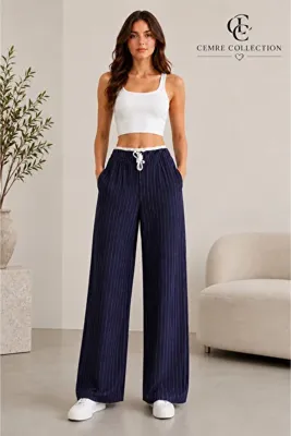 Cemre Collection Bezayağı beli satenli beyaz çizgili bol paça pantolon