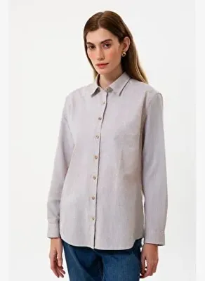 UNIQVIBE Bej Uzun Kollu Kadın Keten Gömlek