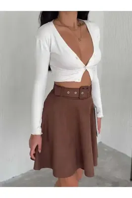 Zula Moda KLOŞ SÜET MİNİ ETEK KEMER DETAYLI -KOYU KAHVE-VİZON