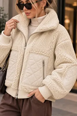 qeteen Kadın Peluş Mont Fermuarlı Kapitone Cepli Dik Yaka Kışlık Teddy Mont