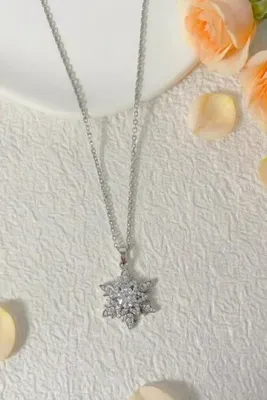Birmem Kar Tanesi Tasarım Zirkon Taşlı Çelik Kolye Kişiye Özel Not Kartlı