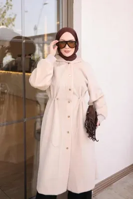 İmaj Butik Bej Bel Stoper Lastikli Kapüşonlu Uzun Fox Kaban
