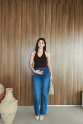 BQESS Hamile Karnı Saran Bantlı Mavi Düz Paça Jean Pantolon