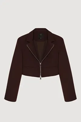 Quzu Önden Fermuarlı Crop Blazer Ceket Kahve