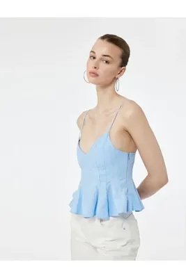 Koton Volanlı V Yaka Pamuklu Askılı Slim Fit Dikiş Detaylı Crop Korse Bluz