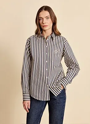 Brooks Brothers Bej - Lacivert Kadın Regular Fit Çizgili Gömlek BBFW26FSH011