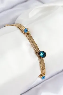 Genel Markalar 316L Çelik Nazar Boncuk Detaylı Mavi Zirkon Taşlı Model İtalyan Zincir Gold Renk Kadın Bileklik