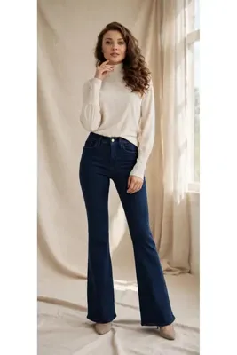 we-rayss İspanyol Paça Jeans Koyu Mavi İspanyol Jeans Yüksek Bel Kot Pantolon Blue Flare Jeans