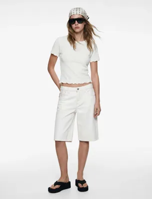 Koton Slim Fit Kısa Kollu Dokulu Bisiklet Yaka Crop Tişört