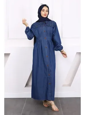 İmaj Butik Koyu Mavi Cepli Düğmeli Kot Elbise