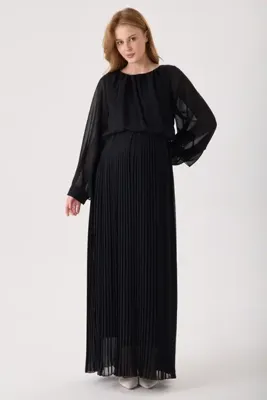 KATLİN MATERNİTY WEAR Hamile Siyah Pliseli Şifon Elbise , Beli Lastikli İçi Astarli